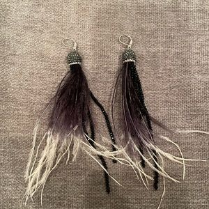 Feather Crystal and bead dangle earrings black and white ombré feathers